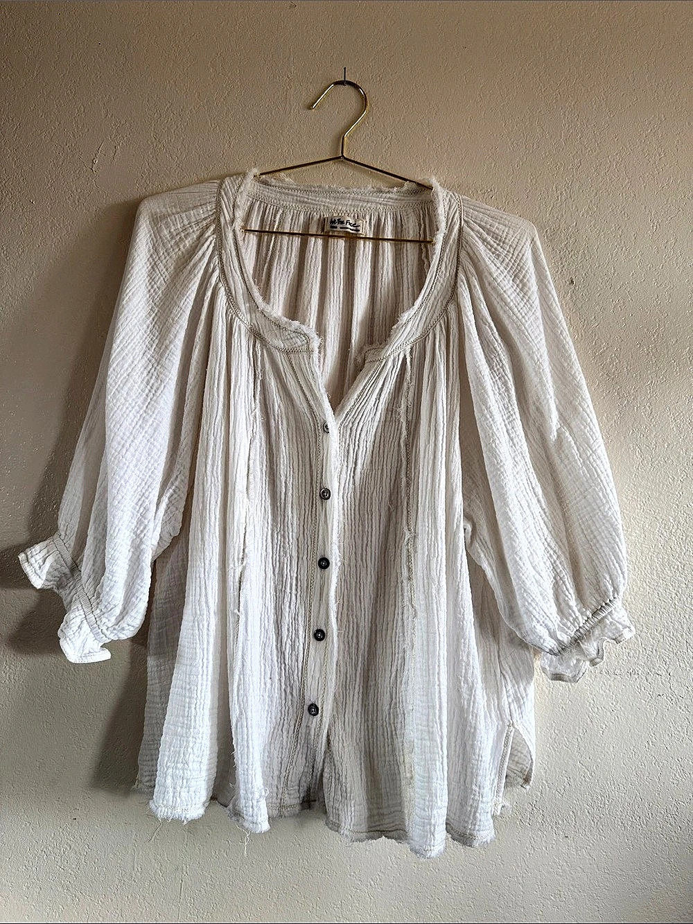 We The Free Gauze Blouse With Fraying in Creamy White Size Medium